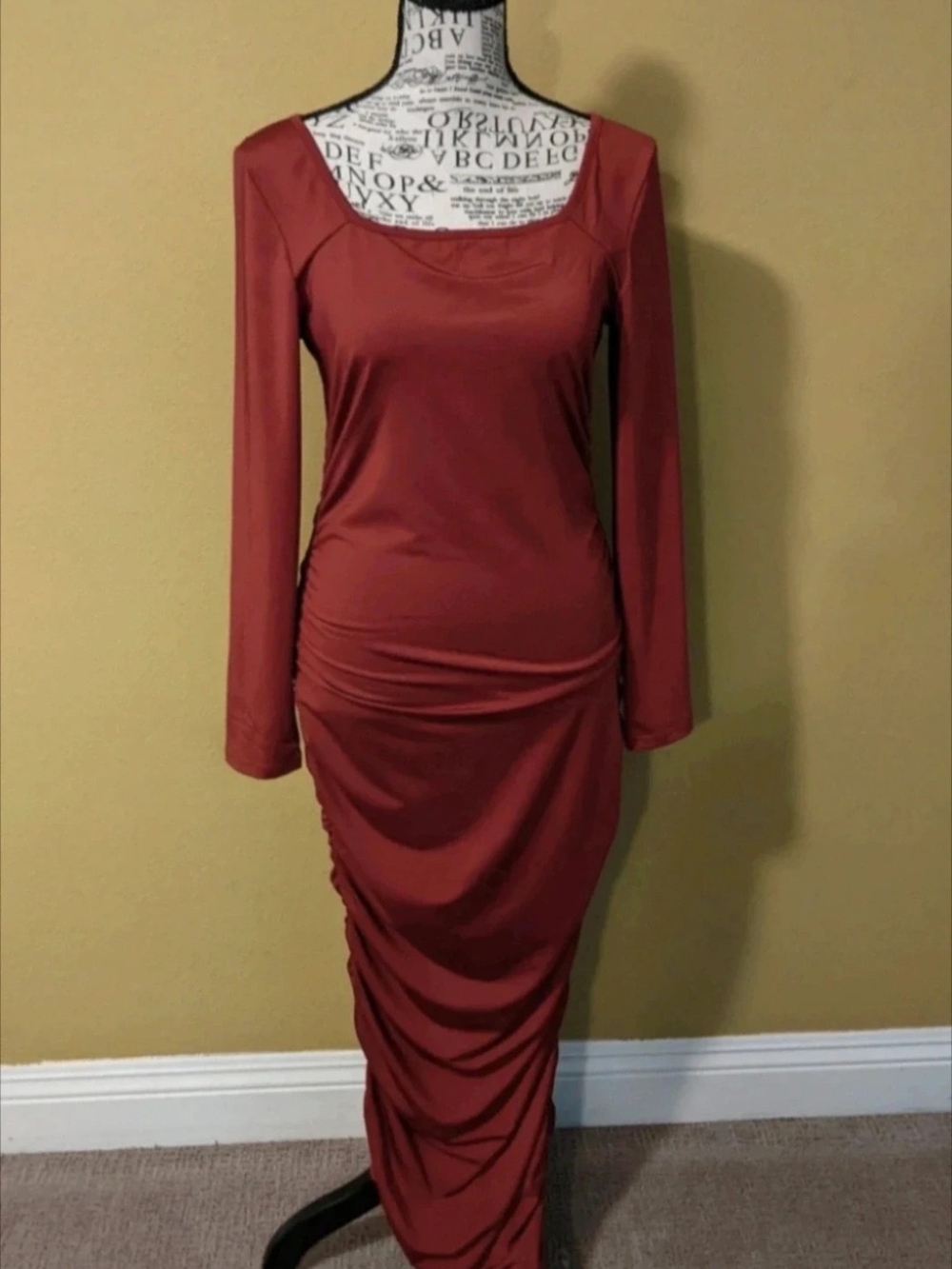Long Sleeve Rust Red Ruched Maxi Dress